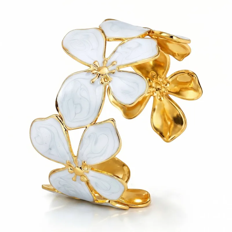 Blanche Floral Enamel Cuff Bracelet 18K Gold Plated Sculptural Bangle 1