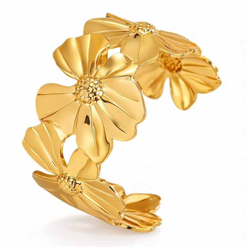 Fleurette Floral Cuff Bracelet 18K Gold Plated Sculptural Bangle 1