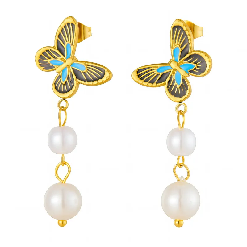 Monarch Butterfly Pearl Drop Earrings — 18K Gold Plated 1