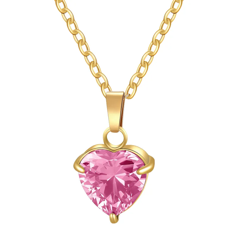 Amoura Pink Heart Pendant Necklace 18K Gold Plated Crystal Solitaire