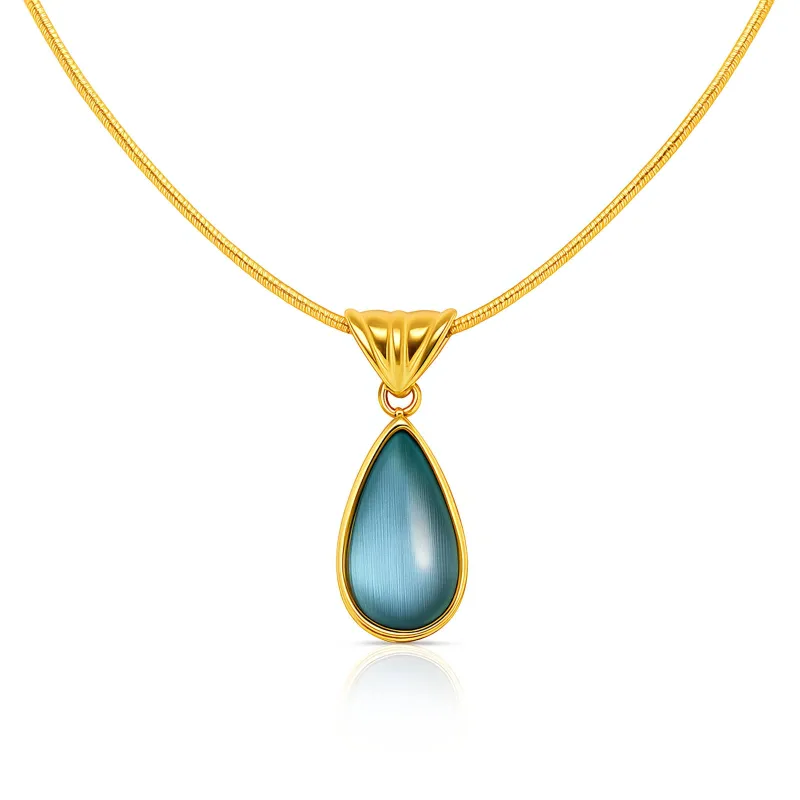 Aqua Teardrop Cat Eye 18K Gold Plated Pendant Necklace 1